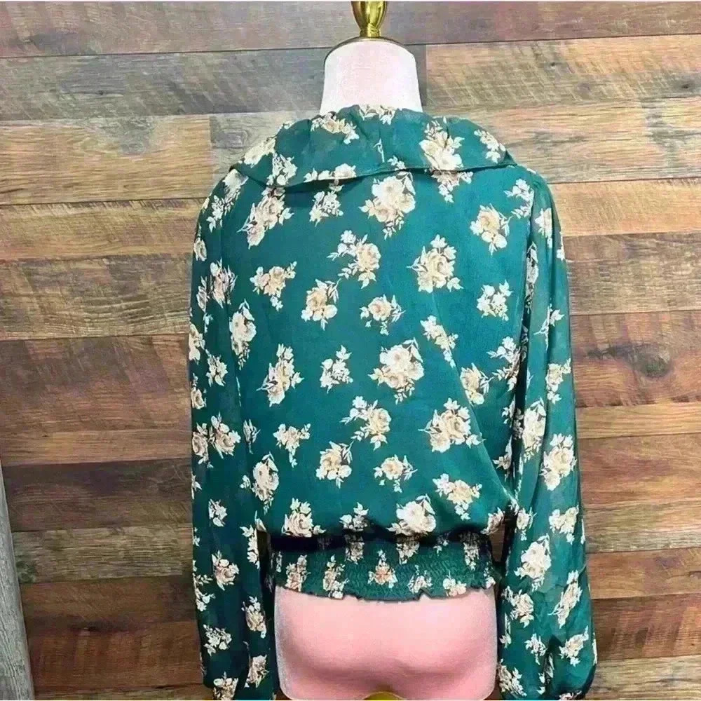 Lush Dark Green Floral Raya Peplum Smocked Waist Blouse Stitch Fix Milkmaid - Picture 6 of 14